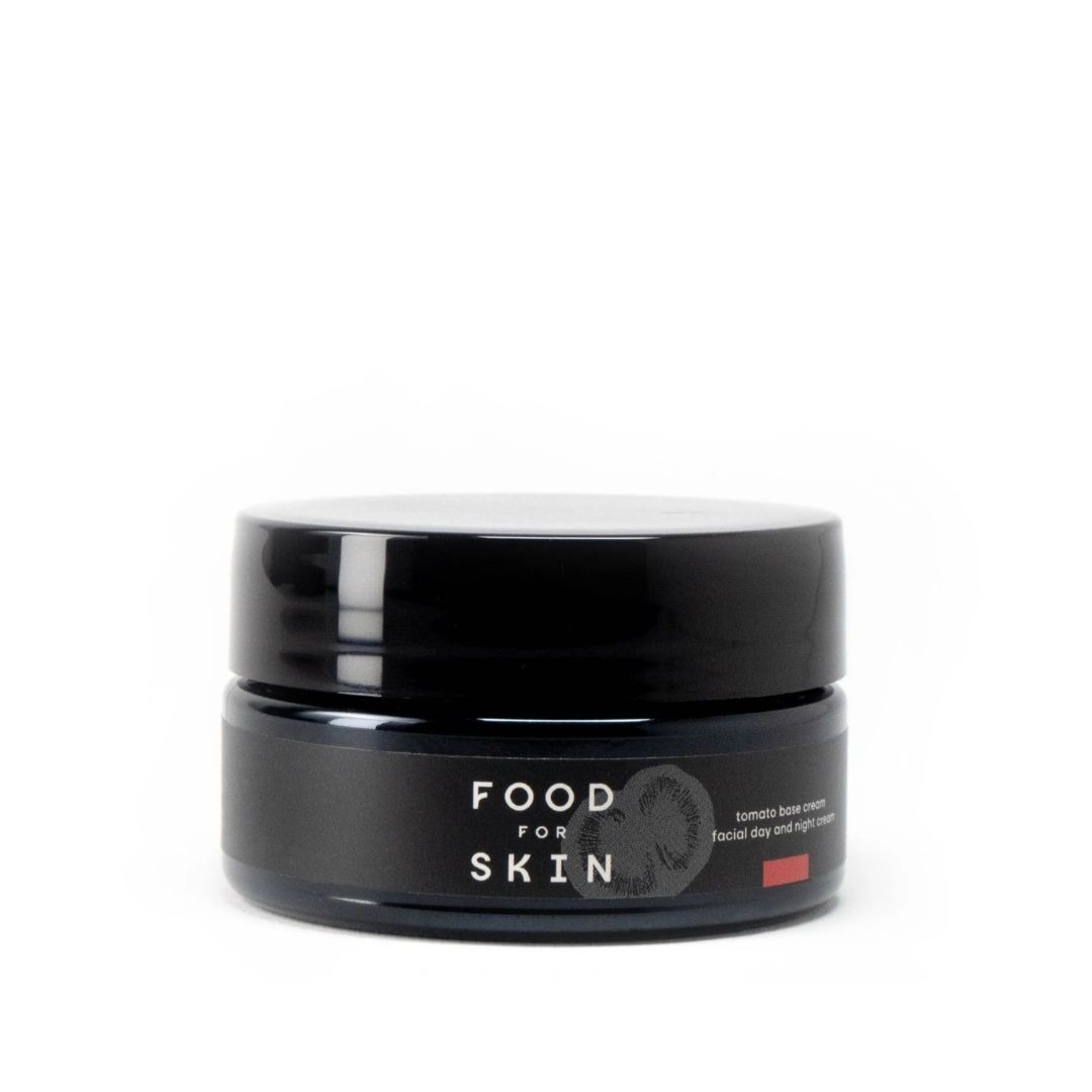 Food for Skin Tomato Base Cream parfumvrije dag en nachtcrème met tomatenextract en ectoïne in glazen pot, vegan gezichtscrème voor gevoelige huid