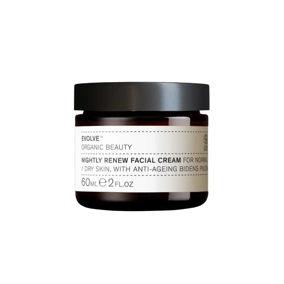 evolve nightly renew facial cream, vegan en biologische nachtcreme met pioenroos in een glazen pot van 60ml