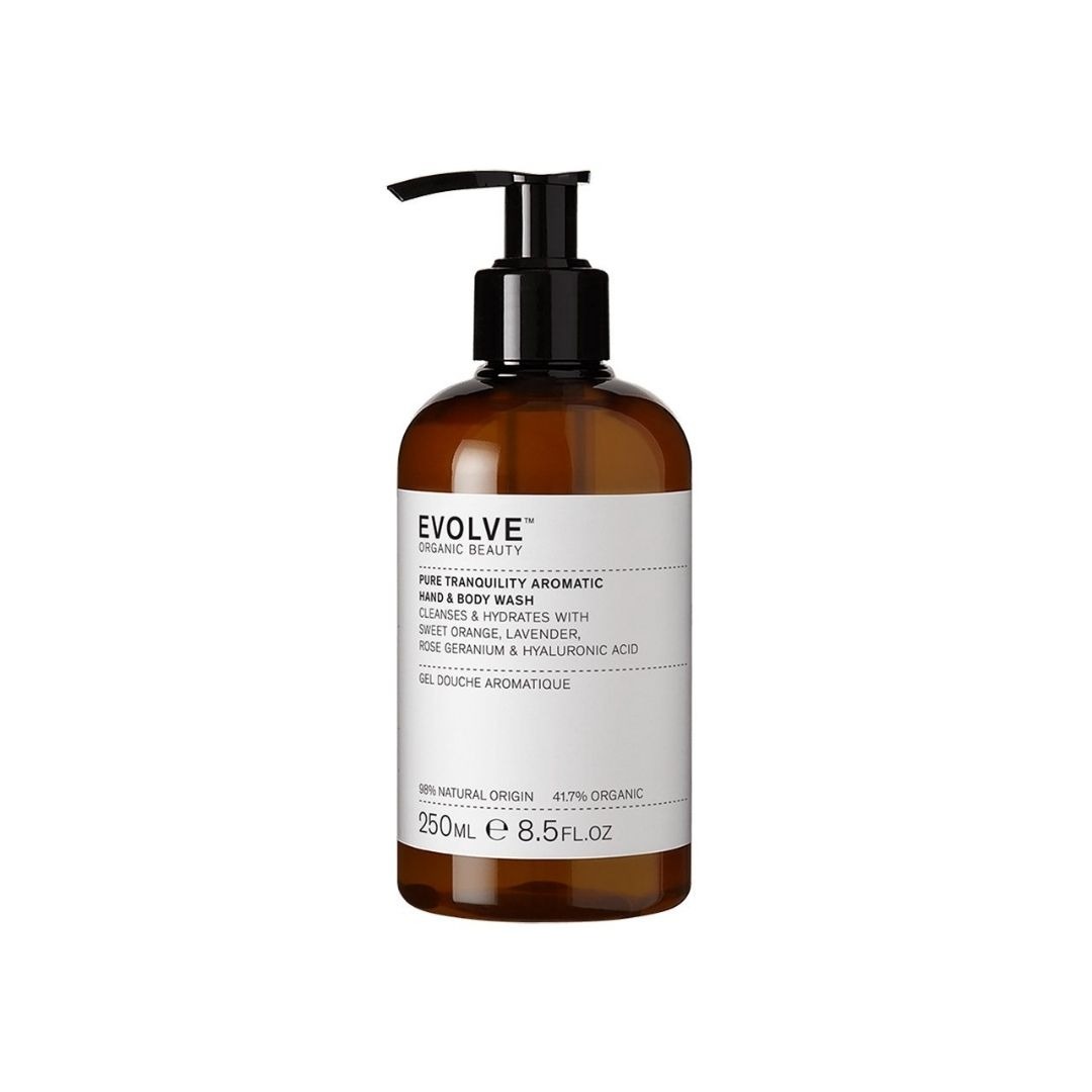 Evolve Pure Tranquility Hand & Body Wash - natuurlijke, vegan douchegel met lavendel, sinaasappel en aloë vera voor een zachte en rustgevende reiniging van handen en lichaam.