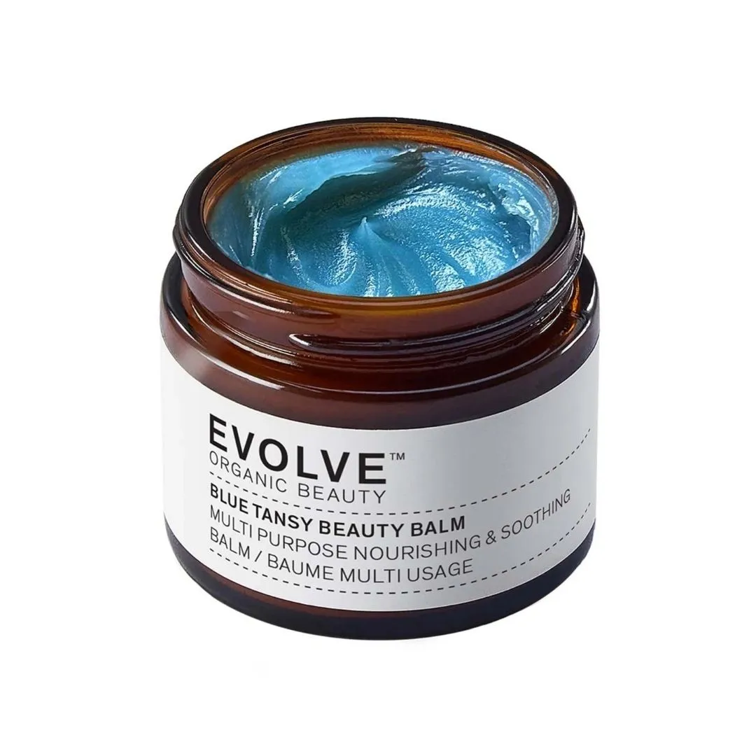 Evolve Blue Tansy multifunctionele vegan beauty balm met blue tansy olie in recyclebaar glazen potje, natuurlijke balsem voor droge huid