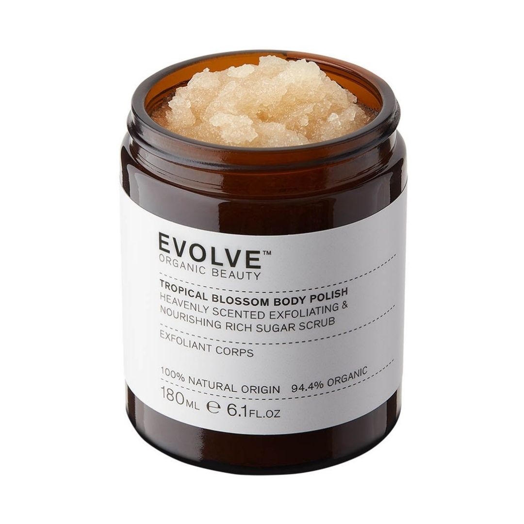 Evolve Tropical Blossom vegan bodyscrub met biologische suiker en monoi-olie, natuurlijke body polish COSMOS Organic vrij van microplastics