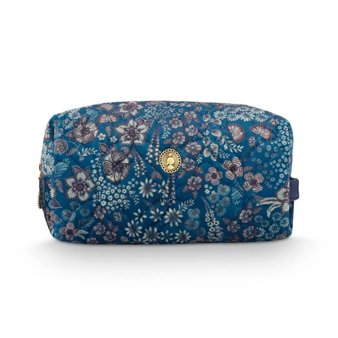 Pip Studio toilettas blauw Coco Medium met Daisy Dreams bloemenprint en quilted afwerking, make-up tas voor dagelijks gebruik en reis
